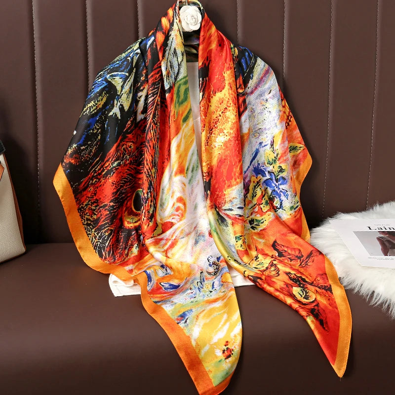 Lenço Grande de Seda 110cm – Echarpe Feminina Estampada, Hijab, Bandana, Foulard e Acessório de Praia