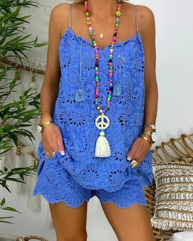 Conjunto Feminino Casual 2 Peças – Regata Bordada e Shorts com Babados