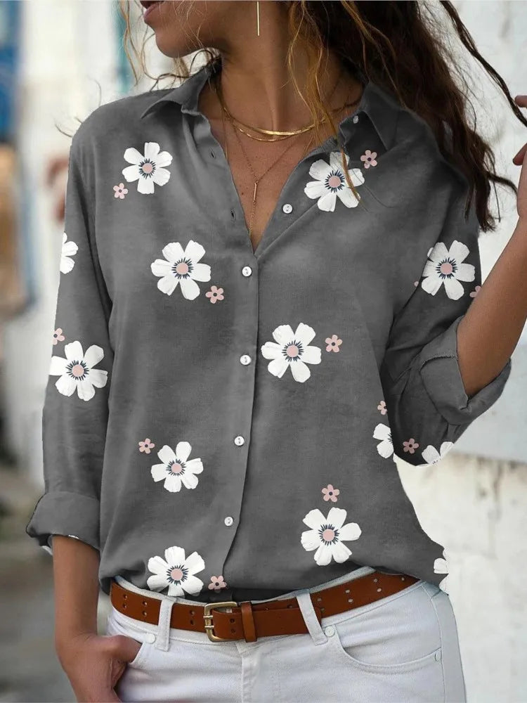 Camisa feminina leve e confortável para primavera e verão, com estampa floral, gola lapela e mangas longas. Modelo slim fit com botões frontais, ideal para looks casuais elegantes, trabalho ou passeios diários.