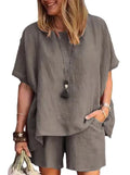 Conjunto Feminino Casual de Verão 2024 – 2 Peças: Blusa de Manga Curta + Shorts de Perna Larga, Camisa e Shorts em Algodão e Linho