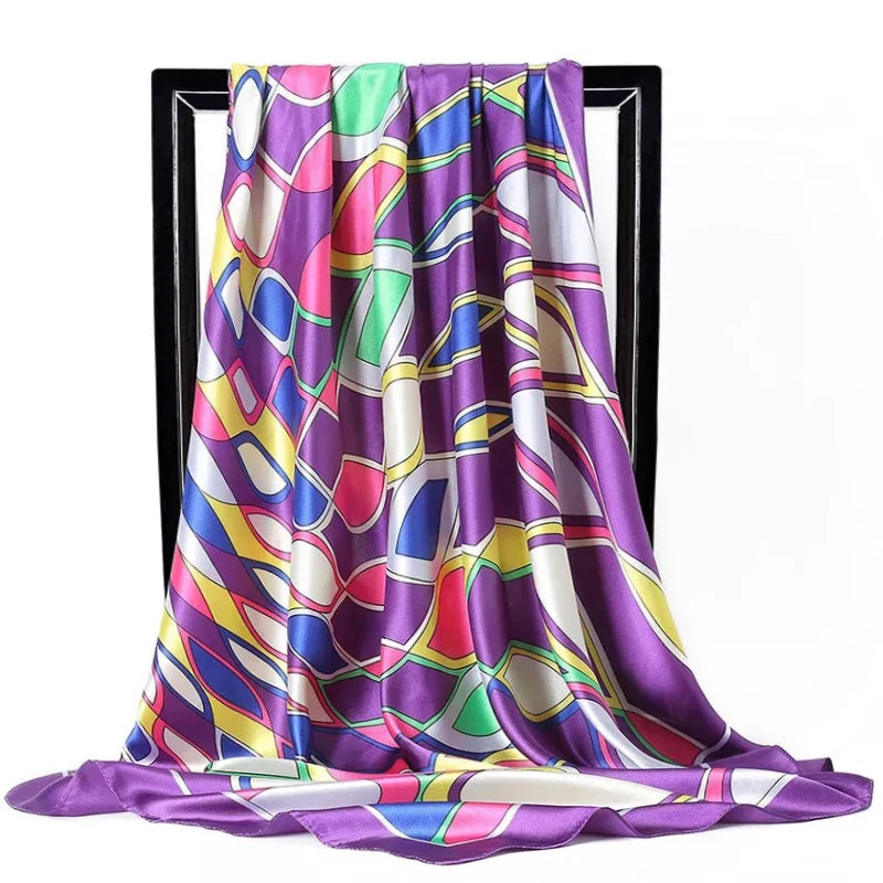 Lenço Quadrado Feminino 90x90cm – Cetim Toque de Seda, Estampado Fashion, Echarpe/Scarf/ Bandana de Luxo
