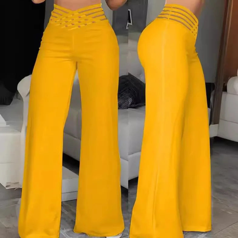 Calça Feminina Elegante Primavera/Outono – Cintura Alta, Pernas Largas, Solta e Longa, Casual e Office, Cor Sólida
