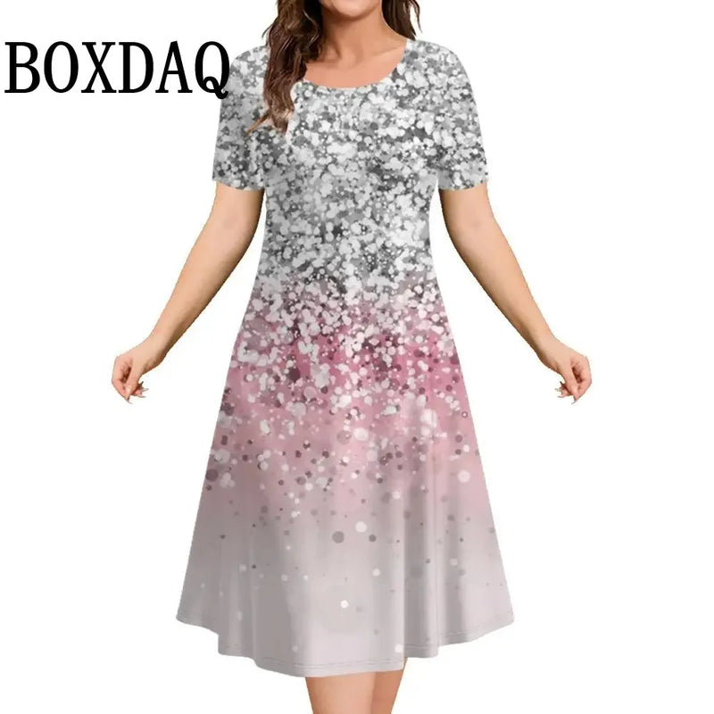 Vestido feminino solto, estilo A-line, com estampa 3D tie-dye em degradê. Possui decote O-neck e mangas curtas, oferecendo conforto e leveza para o verão. Ideal para passeios, festas ou looks casuais, disponível em tamanho plus size até 9XL.