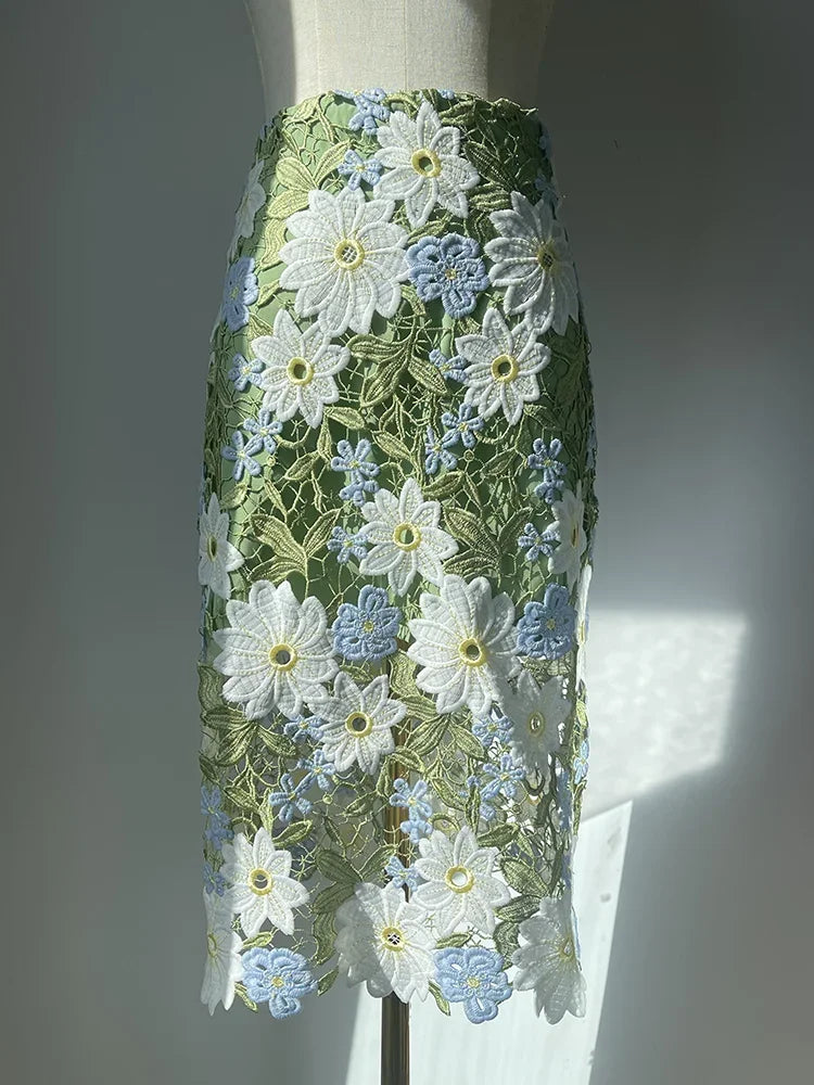 Saia Lápis Feminina JIAMI – Renda Bordada Floral, Verde, Comprimento ao Joelho, A-line, Vintage, Elegante