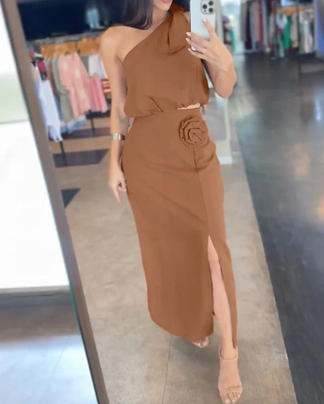 Conjunto Feminino 2025 – Top Sem Manga e Vestido Fenda com Estampa 3D