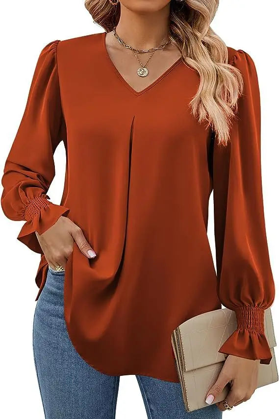 Blusa Feminina de Chiffon – Manga Longa Flare – Decote V – Office Lady Elegante