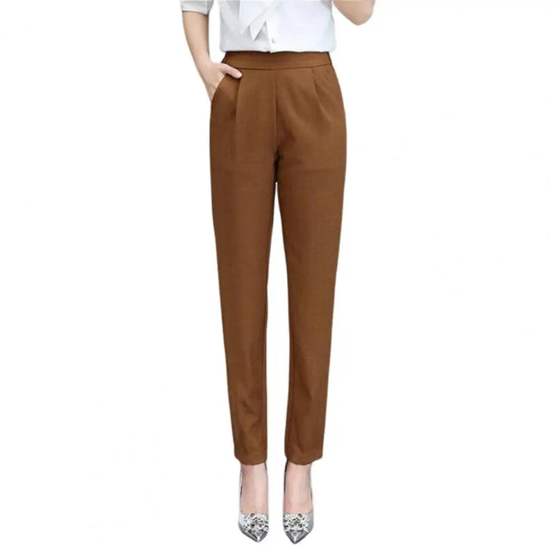 Calça Lápis Feminina Casual – Cintura Alta, 9/10 Comprimento, Cor Lisa