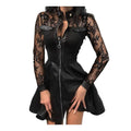 Vestido Mini de Couro Sintético Feminino – 2025, Manga Longa, Detalhe em Renda, Zíper e Bolsos
