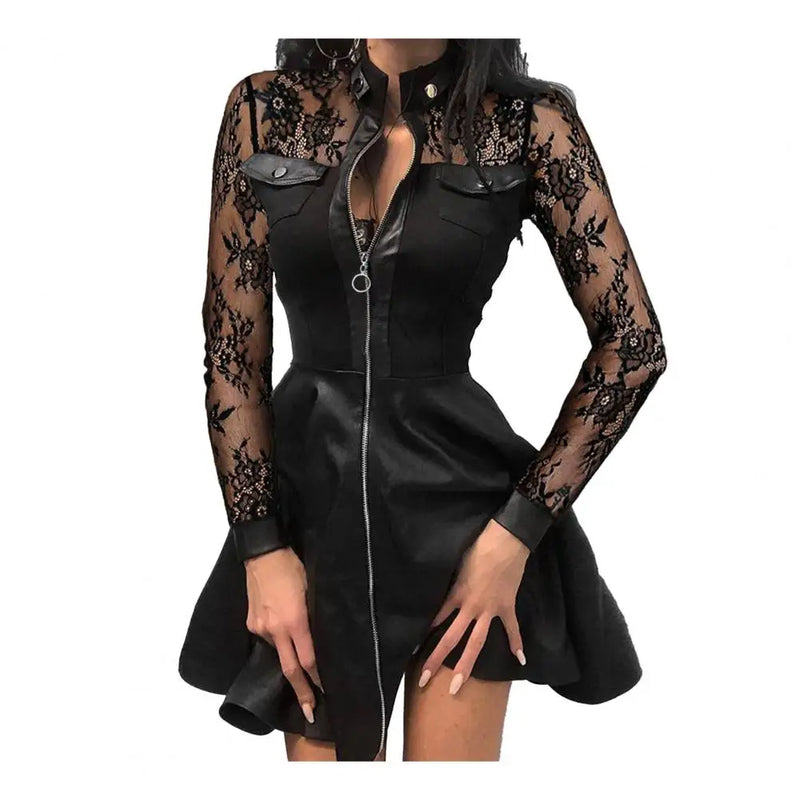 Vestido Mini de Couro Sintético Feminino – 2025, Manga Longa, Detalhe em Renda, Zíper e Bolsos