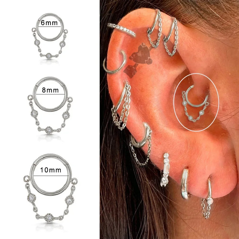 Brincos Femininos de Aço Titânio – Argola com Pingente e Tassel em Zircônia para Cartilagem