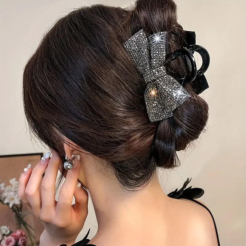 Presilha de Cabelo Feminina Luxo – Laço com Strass, Grande e Brilhante, Shark Clip Elegante