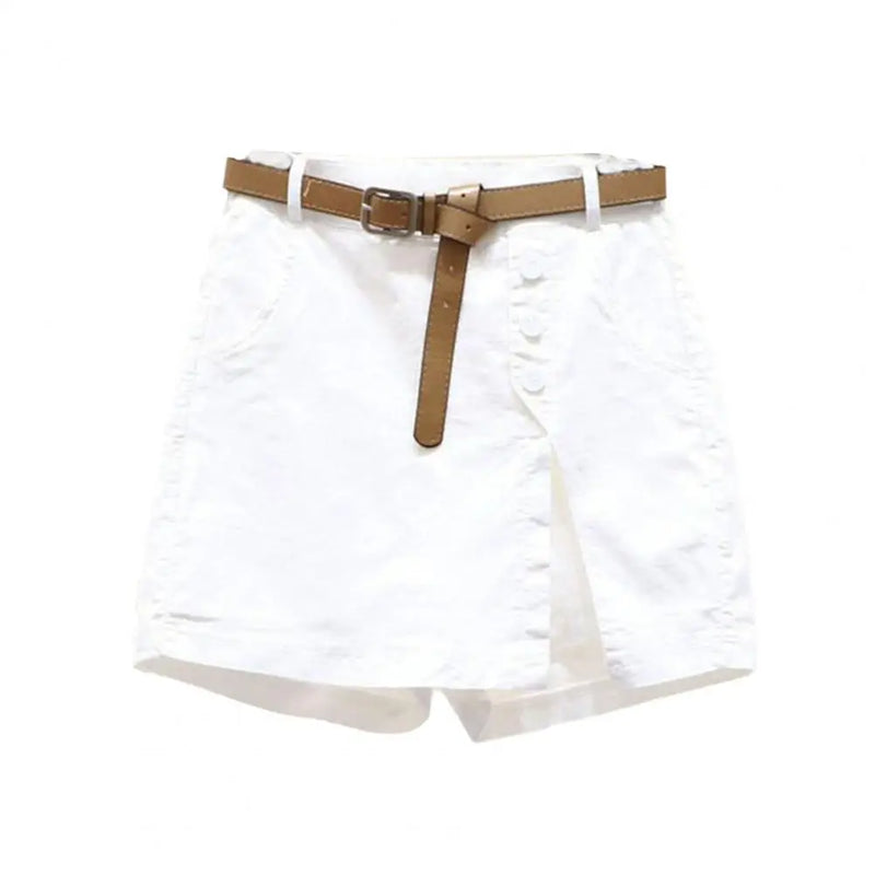 Shorts Feminino Falso Dois Peças – Cintura Alta, Botões Decorativos e Fenda Lateral