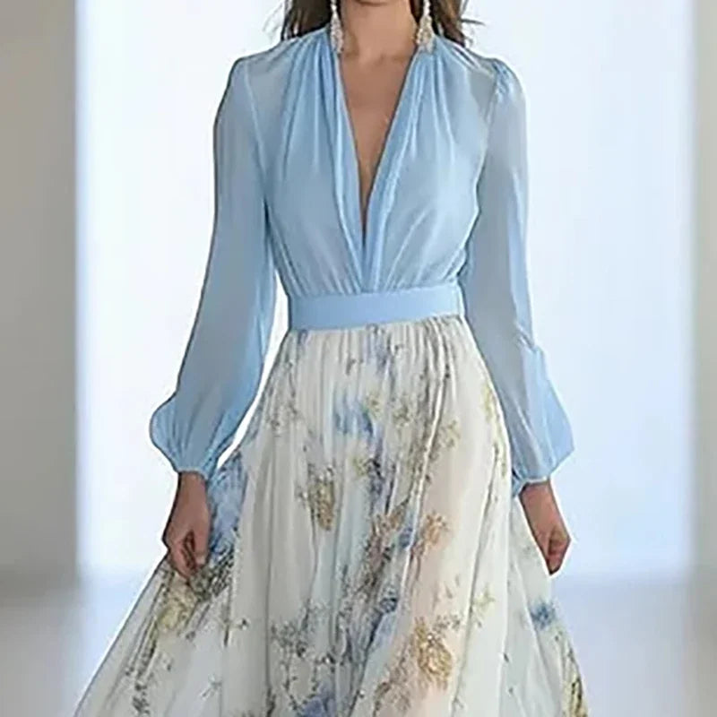 Vestido Feminino Boho – Estampa Floral, Patchwork, Decote Profundo, Manga Bufante