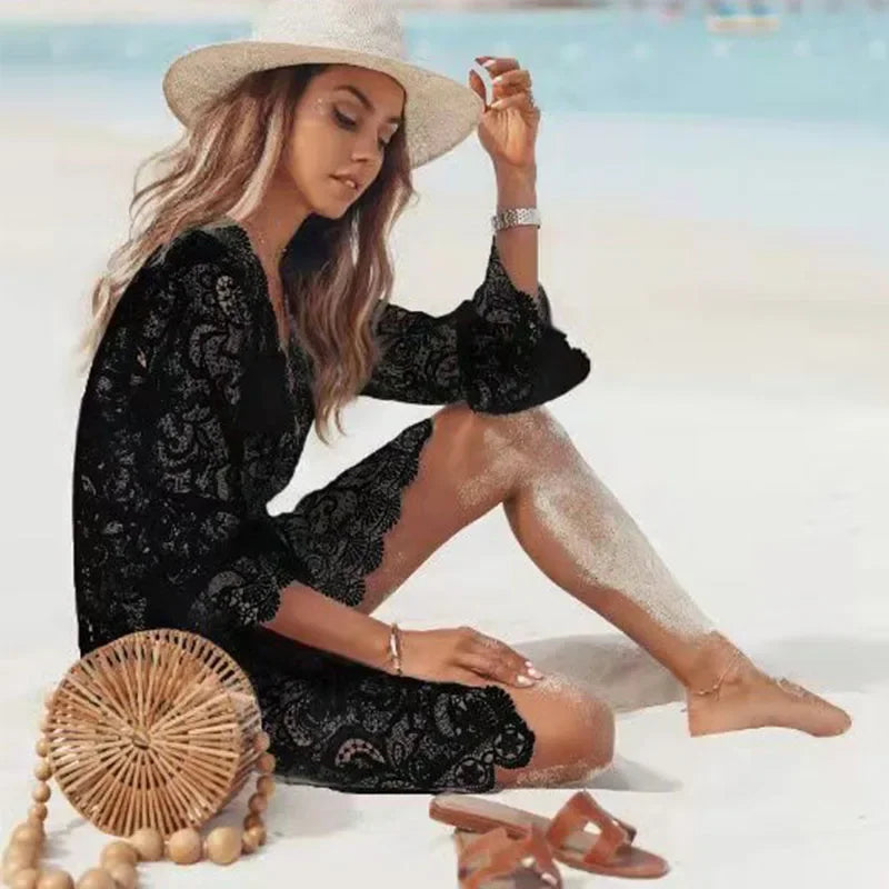 Saída de Praia Feminina Crochê Branco – Tunica com Decote V