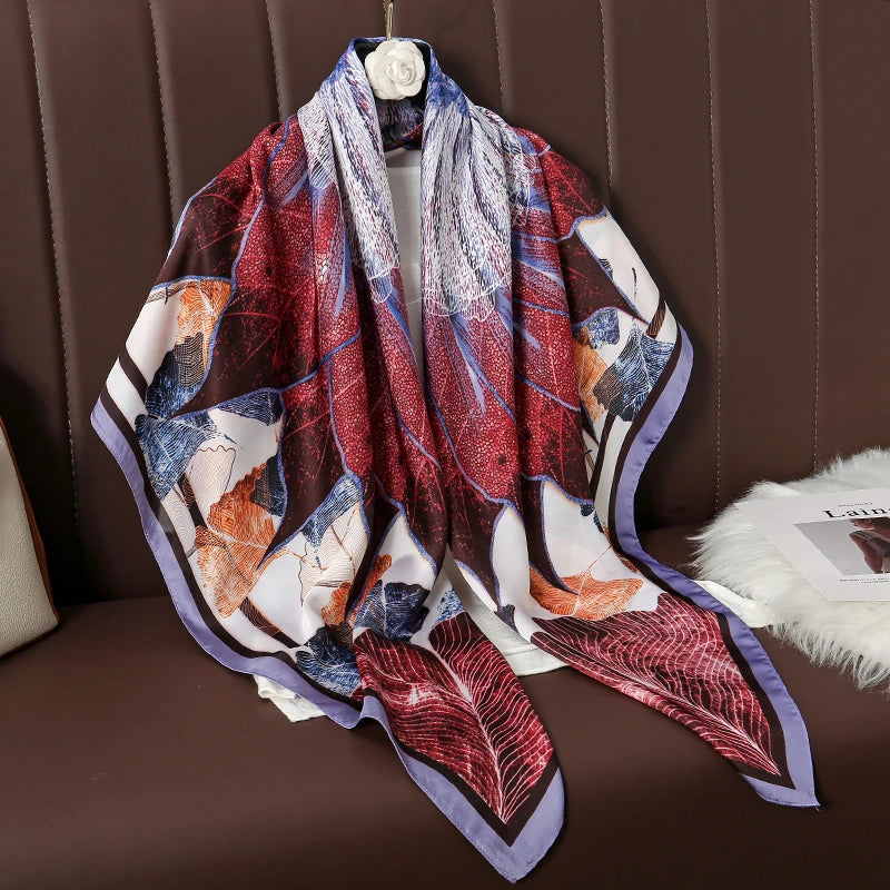 Lenço Grande de Seda 110cm – Echarpe Feminina Estampada, Hijab, Bandana, Foulard e Acessório de Praia
