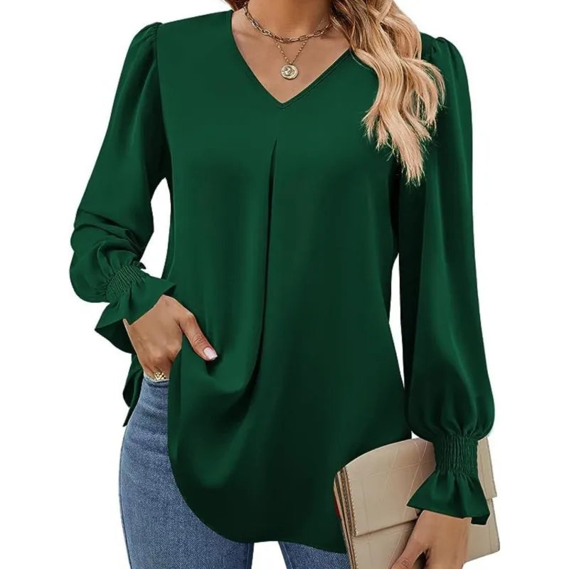 Blusa Feminina de Chiffon – Manga Longa Flare – Decote V – Office Lady Elegante