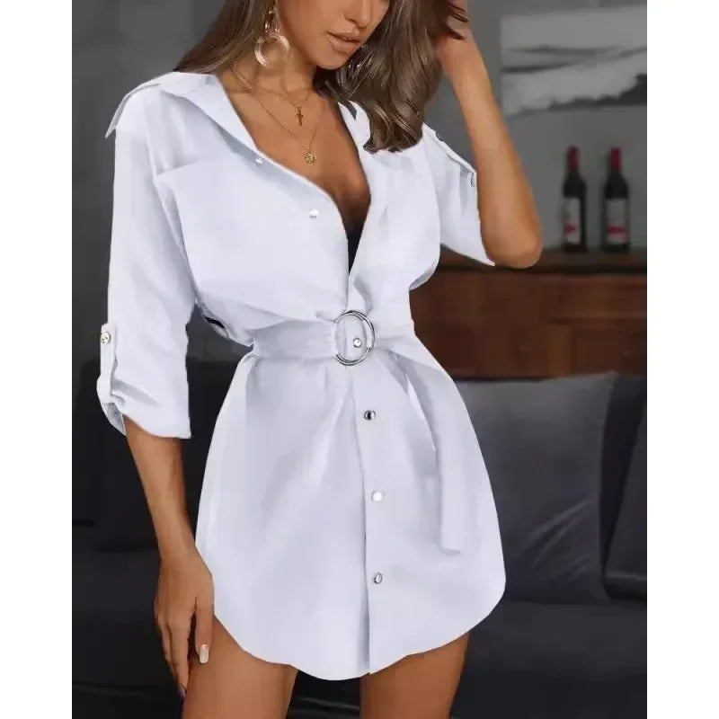 Vestido Camisa/Cardigan Feminino – Manga Dobrada, Amarração, Cor Lisa, Estilo Europeu e Americano