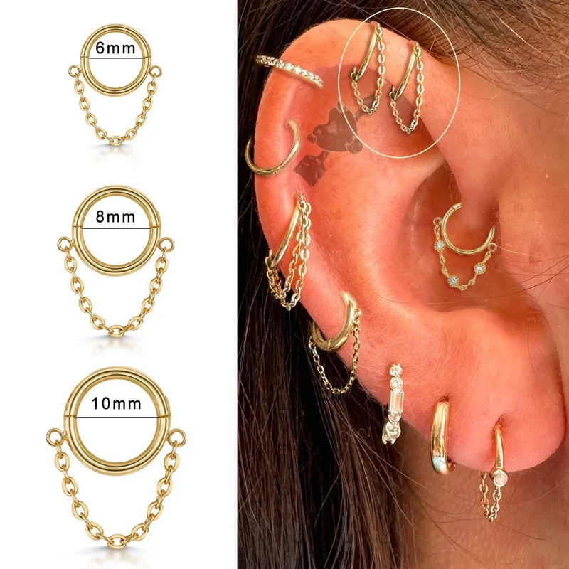 Brincos Femininos de Aço Titânio – Argola com Pingente e Tassel em Zircônia para Cartilagem