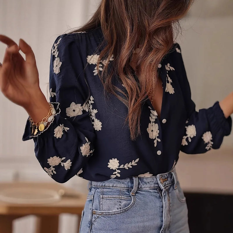 Blusa Feminina de Outono com Bordado – Manga Longa e Gola Lapela