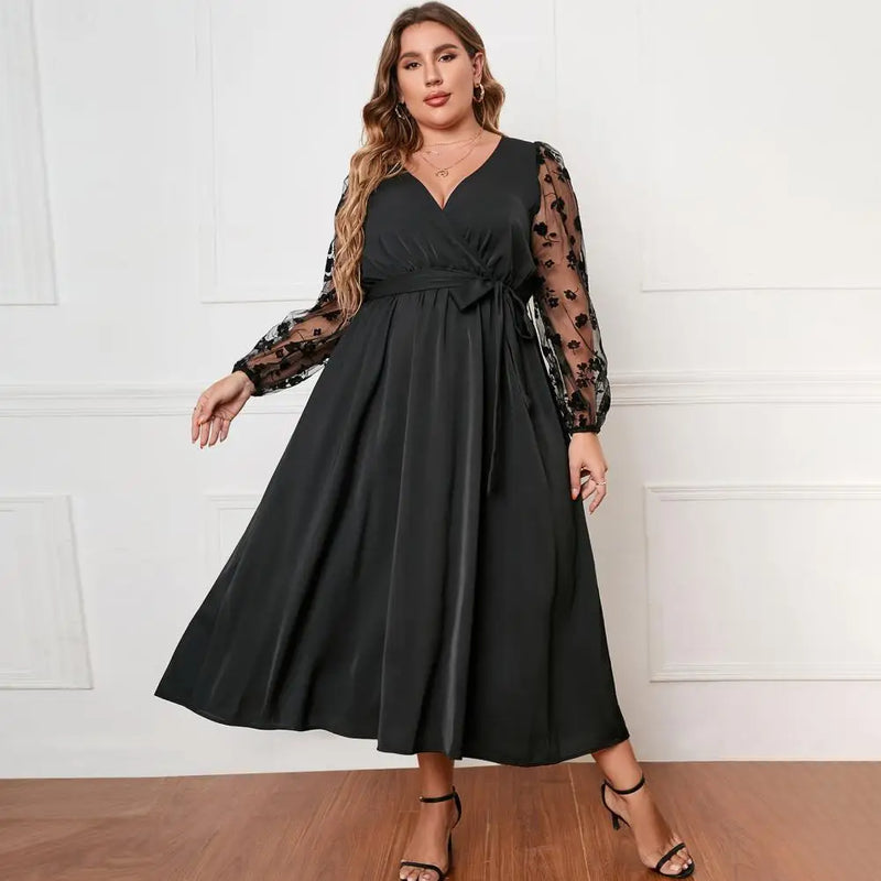 Vestido Plus Size Feminino Manga Longa com Amarração – Elegante, Bordado em Renda e Tule, Cinto, Cintura Alta, Midi.
