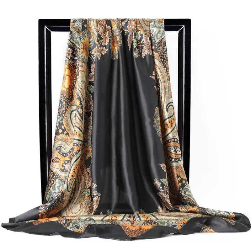 Lenço Quadrado Feminino 90x90cm – Cetim Toque de Seda, Estampado Fashion, Echarpe/Scarf/ Bandana de Luxo
