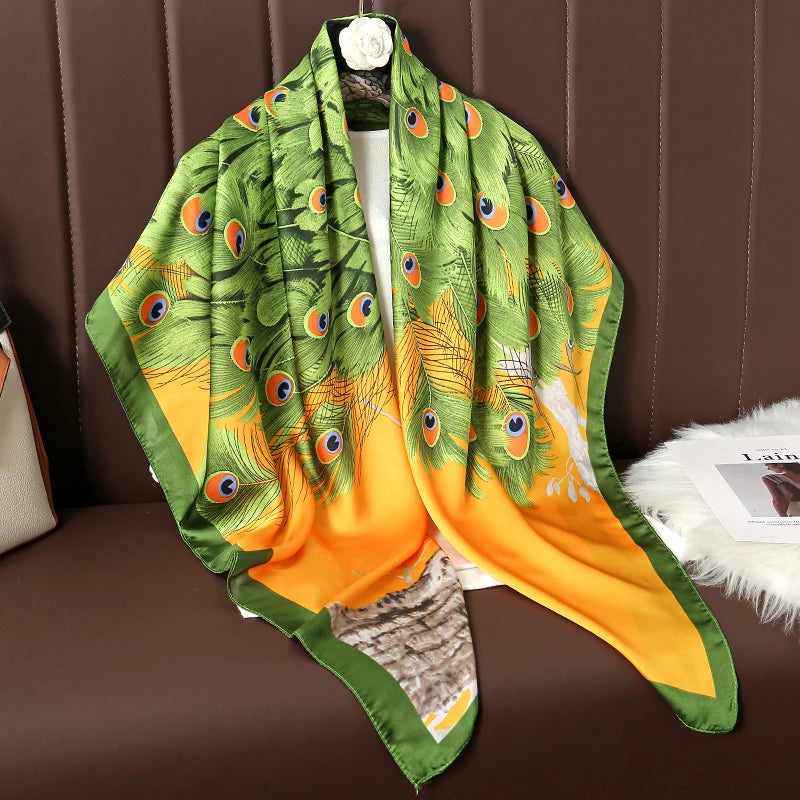 Lenço Grande de Seda 110cm – Echarpe Feminina Estampada, Hijab, Bandana, Foulard e Acessório de Praia
