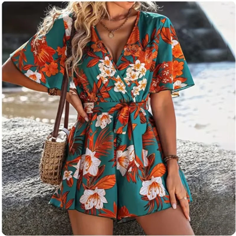 Macacão Feminino Estampado – Decote V, Manga Curta, Cintura Alta, Solto e Confortável para Verão/Praia