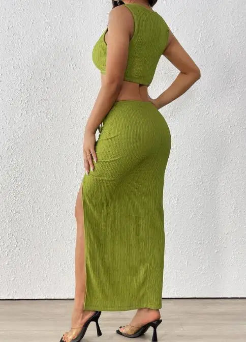 Conjunto Feminino 2 Peças de Verão – Top Sem Manga Dopamina + Saia Justa Plissada