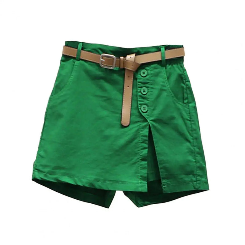 Shorts Feminino Falso Dois Peças – Cintura Alta, Botões Decorativos e Fenda Lateral