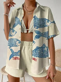 Conjunto Feminino 2 Peças 2025 – Camisa de Botões + Shorts Pantalona Estampados