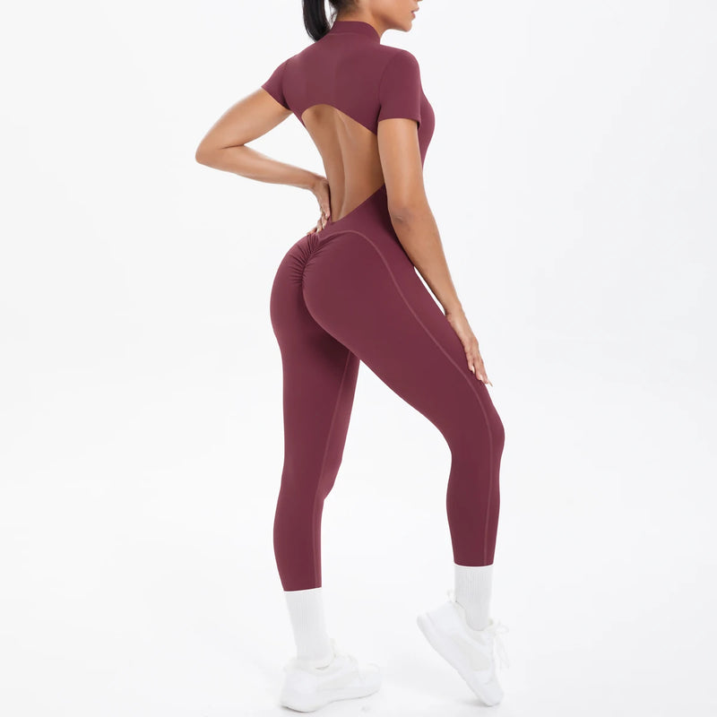Macacão Fitness Feminino – Body de Manga Curta, Costas Abertas, Cor Lisa, Detalhe Franzido, Zíper Frontal, Conjunto de Yoga e Academia