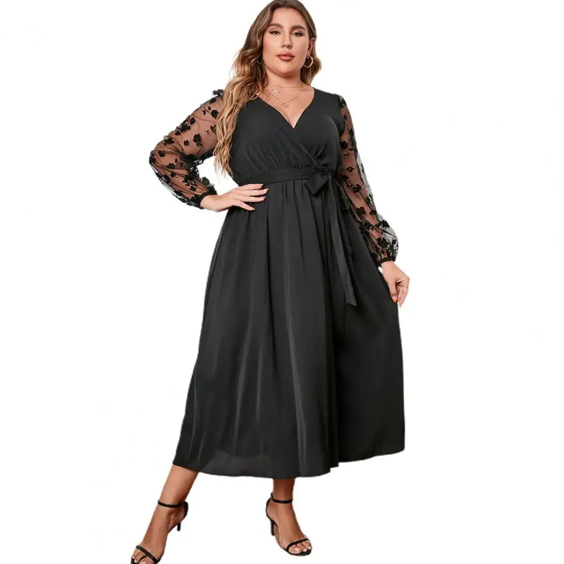 Vestido Plus Size Feminino Manga Longa com Amarração – Elegante, Bordado em Renda e Tule, Cinto, Cintura Alta, Midi.