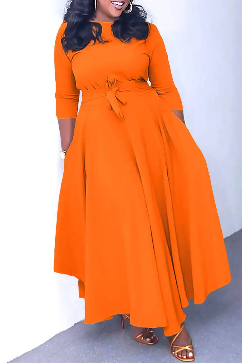 Vestido Midi Plus Size Cáqui Casual 2025 Feminino – Decote Redondo com Bolsos e Amarração.