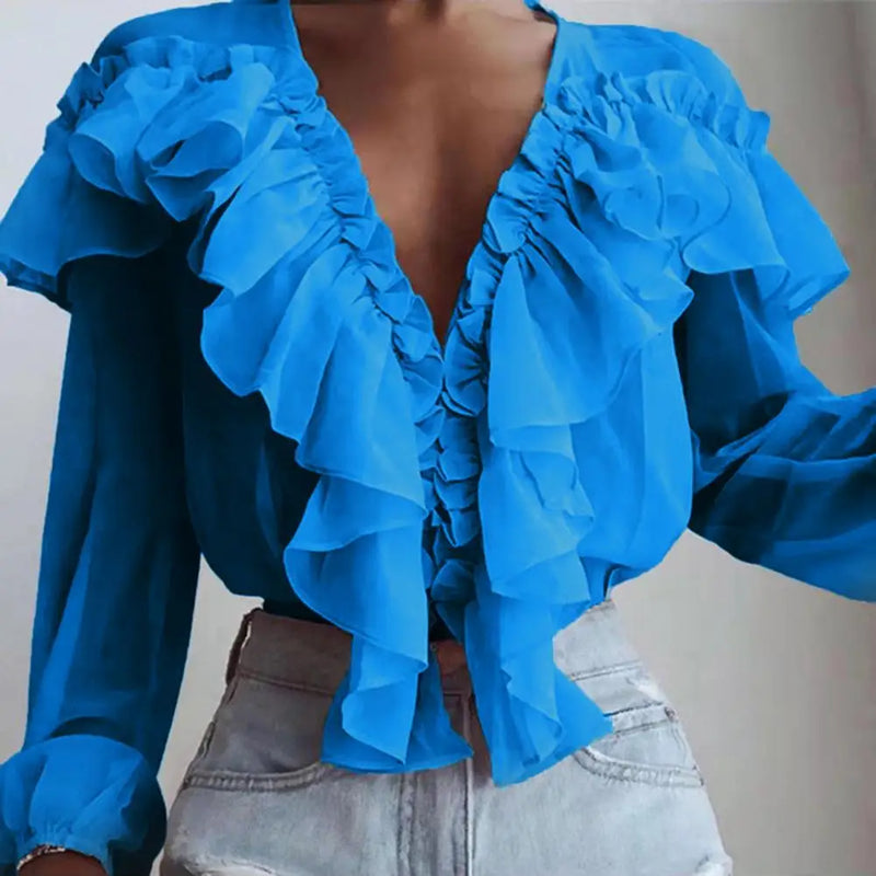 Blusa Feminina 2024 – Gola com Babados Estilo Francês, Manga Longa