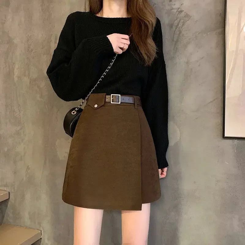 Saia A-Line Feminina com Cinto – Outono/Inverno, Cintura Alta, Preta