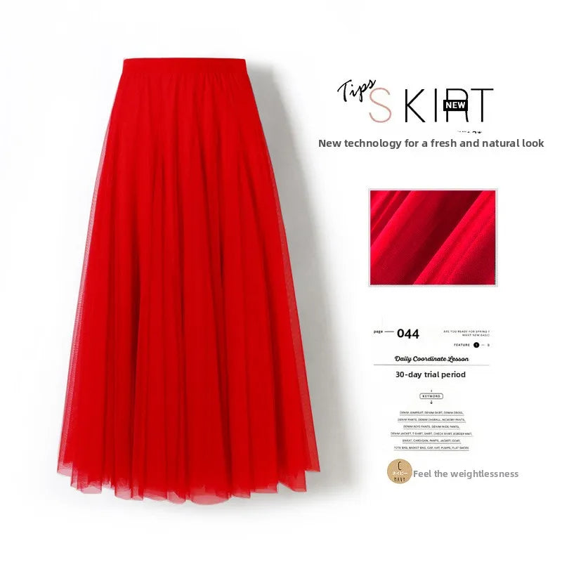 Saia Midi A-Line de Cintura Alta para Mulheres – Saia Rodada em Tule, Casual e Versátil
