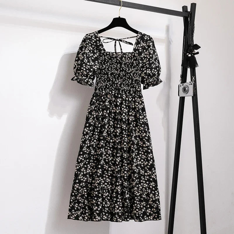 Vestido Feminino Chiffon Primavera Verão – Manga Curta, Cintura Elástica e Saia Plissada