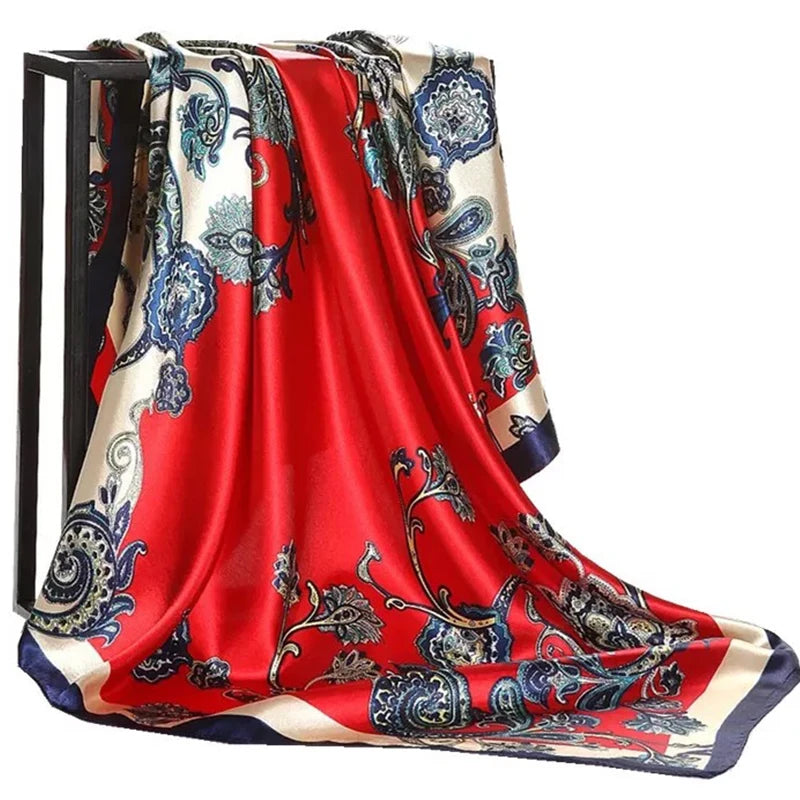 Lenço Quadrado Feminino 90x90cm – Cetim Toque de Seda, Estampado Fashion, Echarpe/Scarf/ Bandana de Luxo
