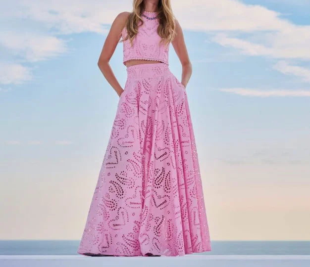 Conjunto Feminino de Verão 2 Peças – Regata Bordada e Saia Longa de Renda