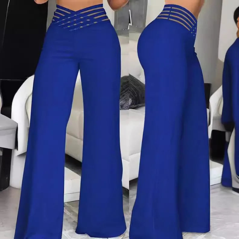 Calça Feminina Elegante Primavera/Outono – Cintura Alta, Pernas Largas, Solta e Longa, Casual e Office, Cor Sólida