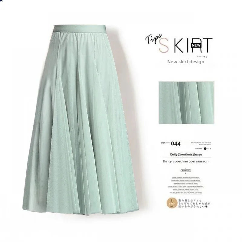 Saia Midi A-Line de Cintura Alta para Mulheres – Saia Rodada em Tule, Casual e Versátil