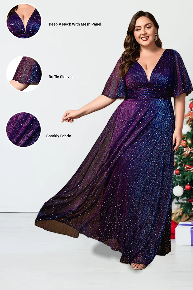 Vestido maxi feminino elegante com decote profundo em V, mangas com babados e cintura império. Confeccionado em tecido de tule roxo com paetês brilhantes, perfeito para festas