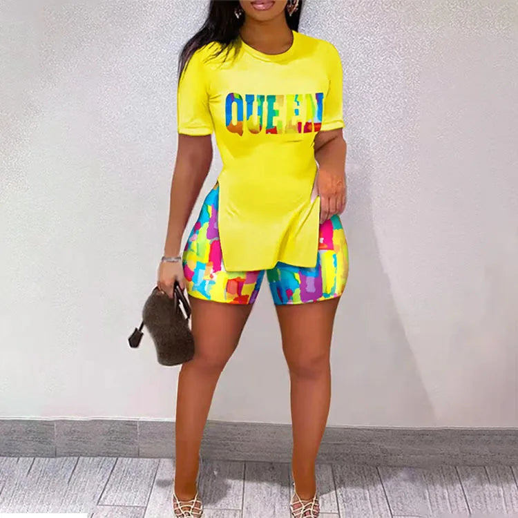 Conjunto Feminino Casual de Verão – T-Shirt Slim de Manga Curta + Shorts Estampados, Conjunto 2 Peças com Shorts Estreitos Estilo Leopardo
