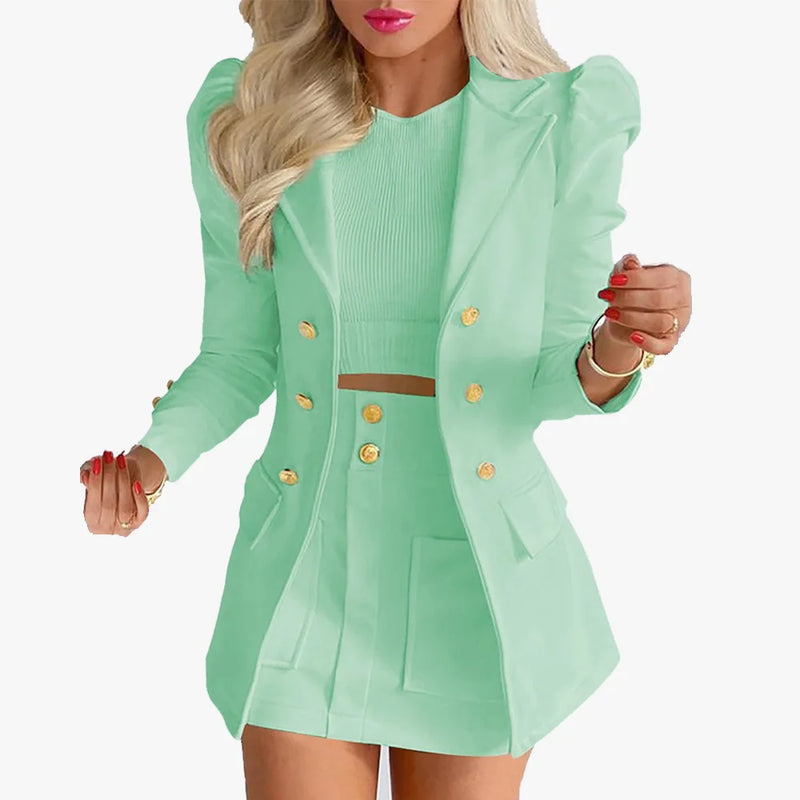 Eleve seu estilo no trabalho ou em eventos casuais com este conjunto feminino elegante de primavera 2026 composto por blazer de manga longa