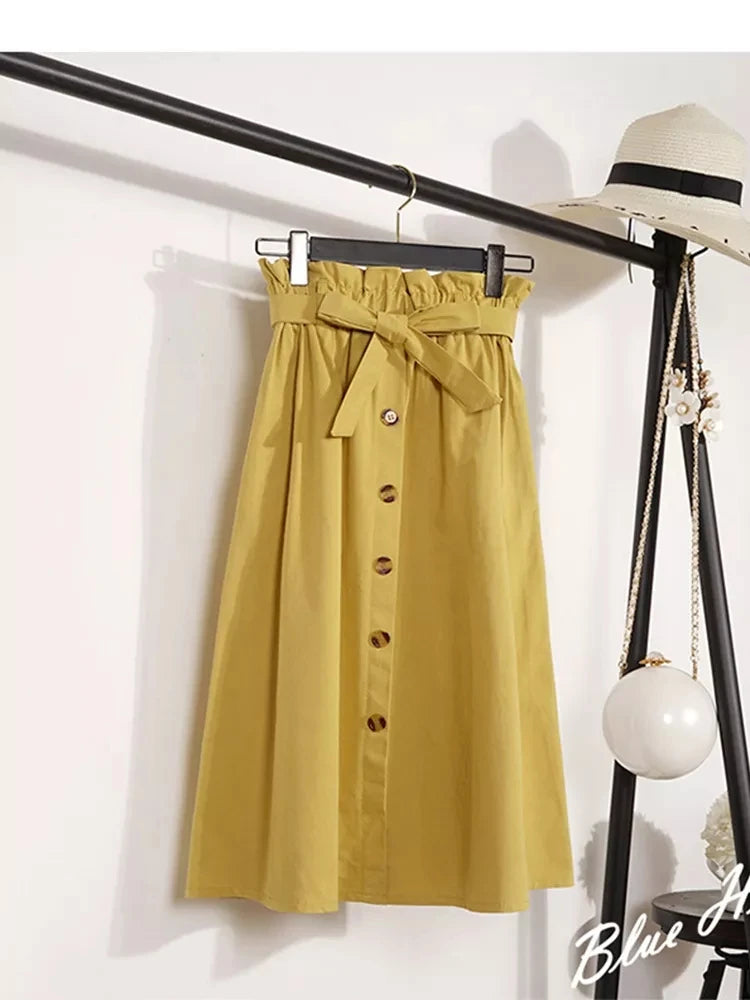 Saia Midi Feminina – Cintura Alta, Botões e Plissada Estilo Coreano