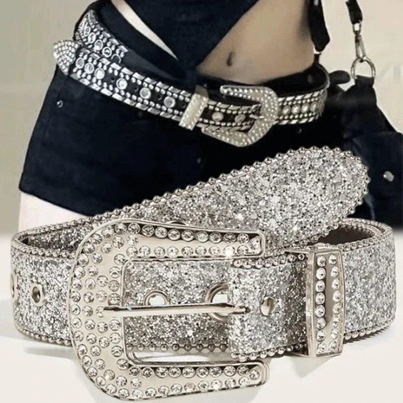Cinto Feminino Y2K – Estilo Fashion com Strass, Couro PU e Ajustável para Festa