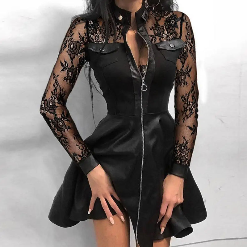 Vestido Mini de Couro Sintético Feminino – 2025, Manga Longa, Detalhe em Renda, Zíper e Bolsos