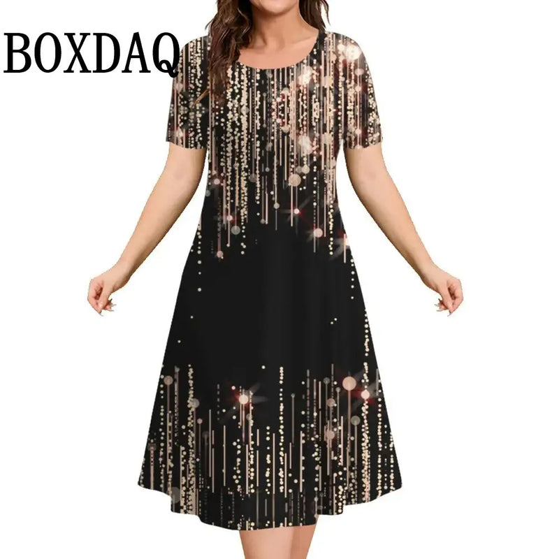 Vestido feminino solto, estilo A-line, com estampa 3D tie-dye em degradê. Possui decote O-neck e mangas curtas, oferecendo conforto e leveza para o verão. Ideal para passeios, festas ou looks casuais, disponível em tamanho plus size até 9XL.
