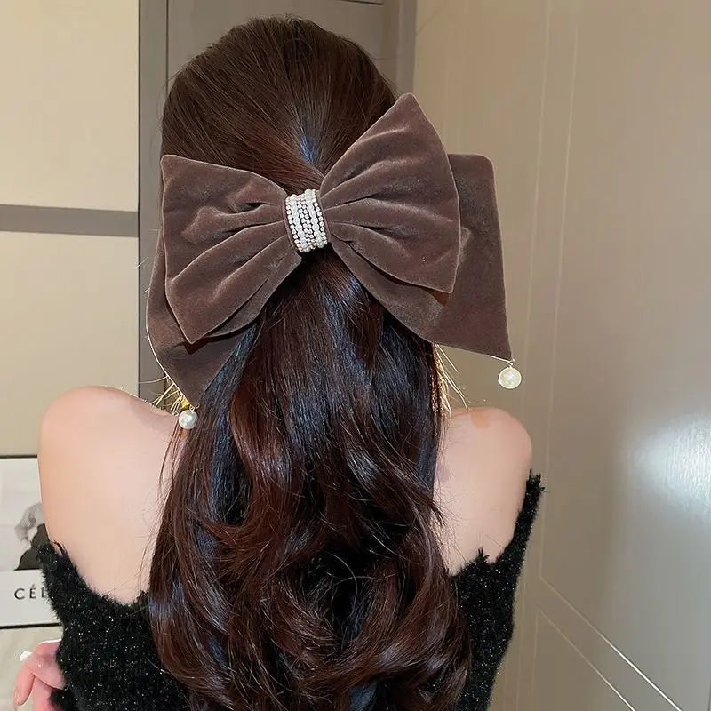 Clipes de Cabelo Femininos com Laço Grande em Veludo – Luxo com Pérolas, Acessórios para Mulheres e Meninas