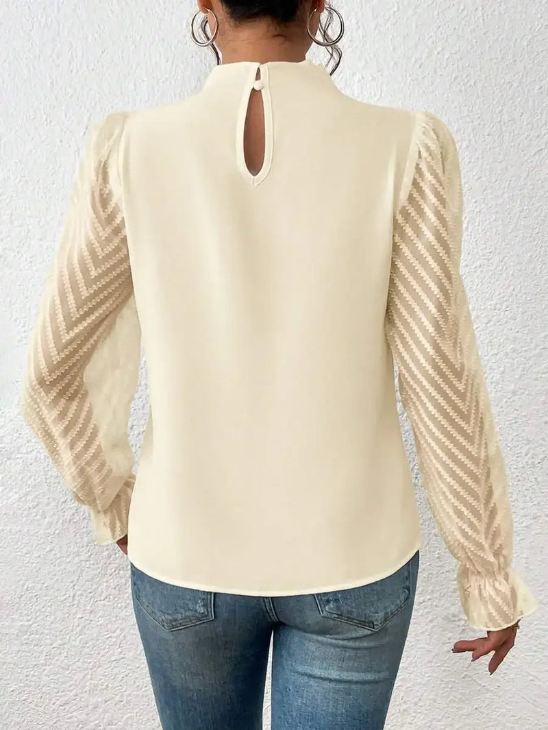 Autumn Elegant Ladies Office Shirt Tops Fashion Lace Long Sleeve T-Shirts Chiffon Shirts Casual Slim Mock Neck Blouse For Womens